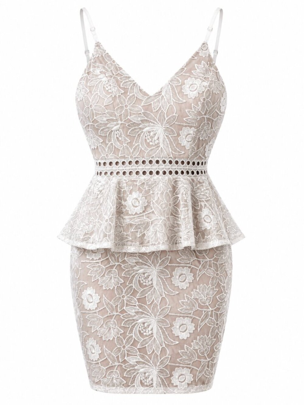 Shop17 White Nude Floral Lace Peplum Mini Dress Size S